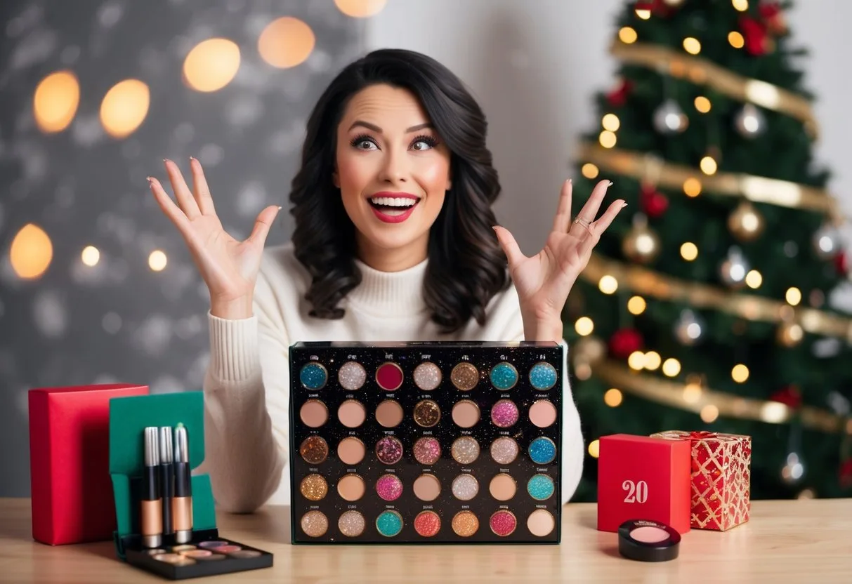 A woman opens a glittering advent calendar filled with makeup her face lighting up with excitement as she discovers each new surprise
